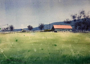 Landscape watercolor painting titled 'Minimalist Landscape', 11x15 inches, by artist KS Farvez on Paper