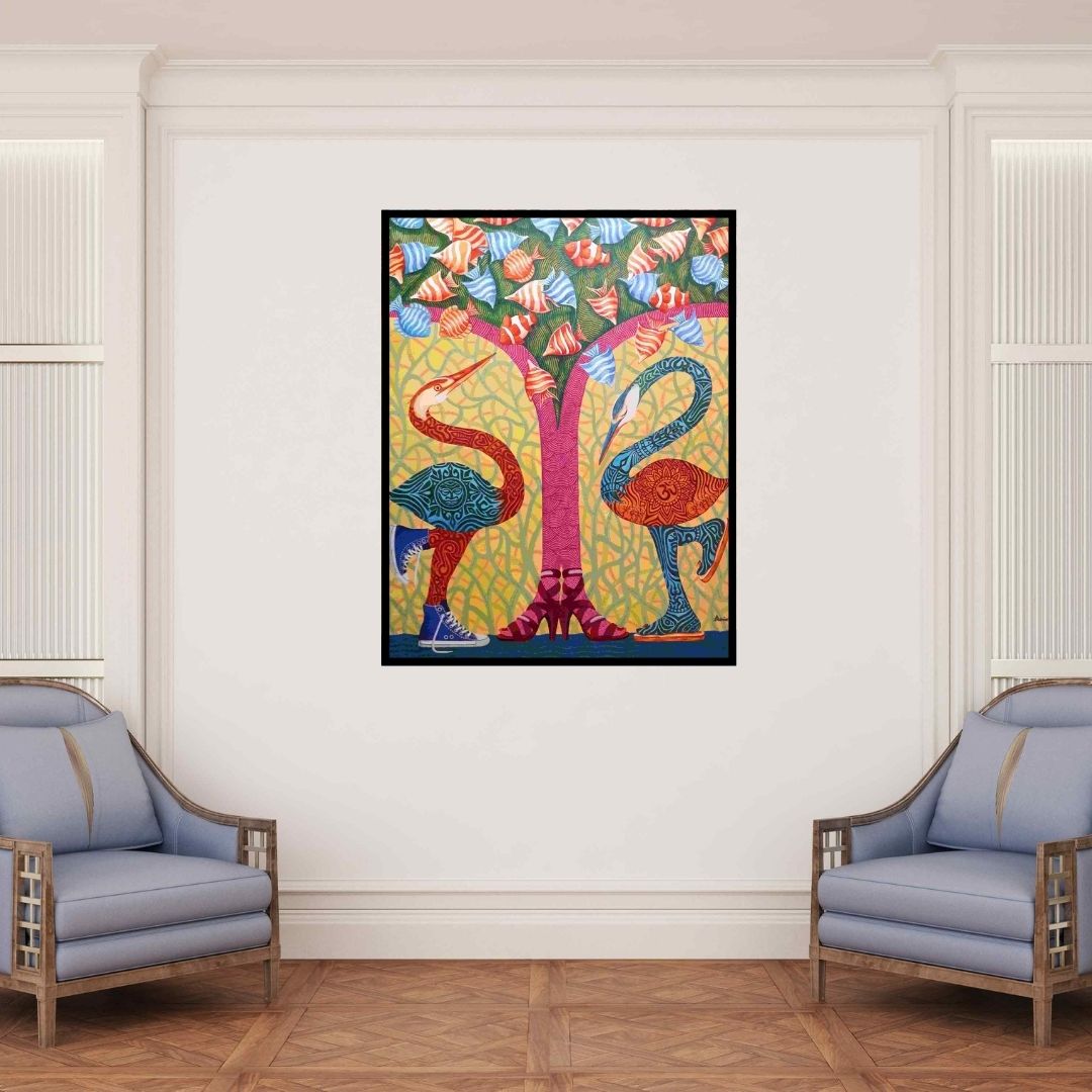 In-situ view of Arvind's 'Mirae (Whimsical Birds)' painting in a room