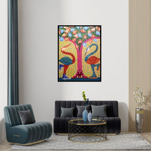 Preview of 'Mirae (Whimsical Birds)' Painting by Arvind shown on a wall in a furnished room.