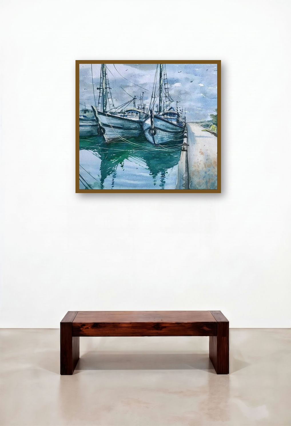 Mirror Boats (Harbor Serenity) by artist Ks Farvez displayed in a Designer Family Room