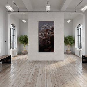 In-situ view of Amit Dhane's 'The Mischief Makers (A Primate Gathering)' painting in a room