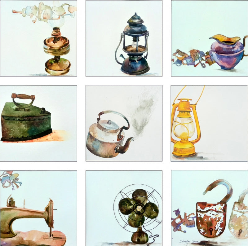 Missing 1' still-life watercolor painting by artist Shankar Lohar, 36x36 inch, on paper