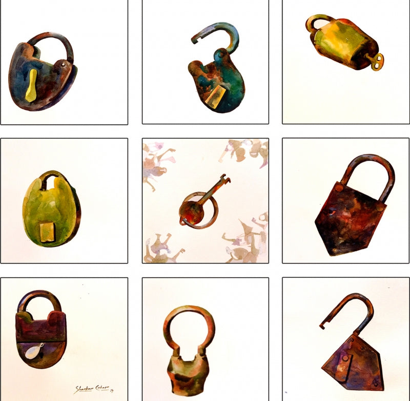 Missing 2' still-life watercolor painting by artist Shankar Lohar, 36x36 inch, on paper