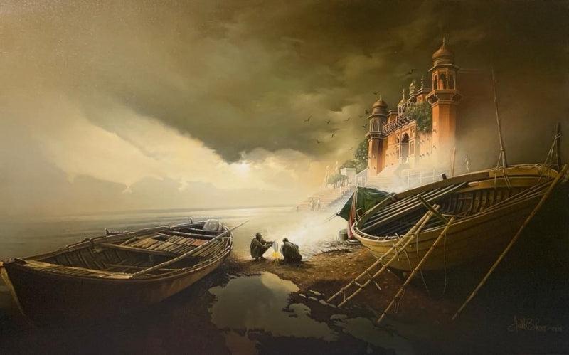 Religious oil painting titled 'Misty Banaras Ghat', 30x48 inches, by artist Amit Bhar on Canvas