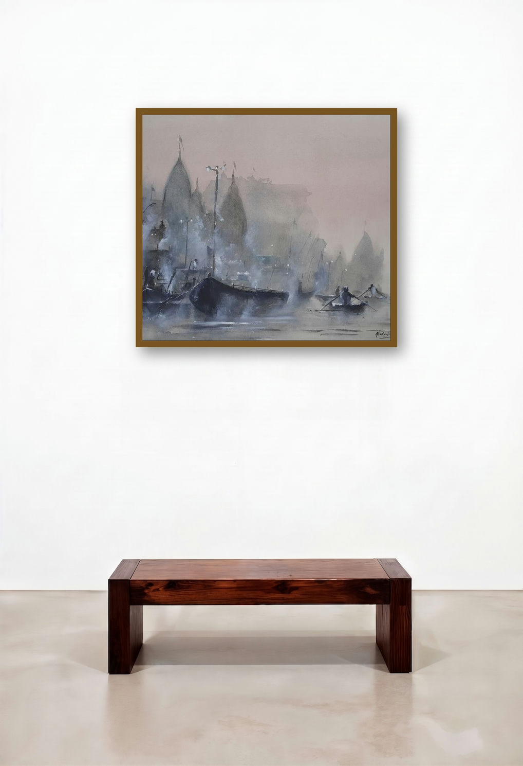 Misty Banaras Ghats (Misty Dawn at the Ghats) by artist Mrutyunjaya Dash displayed in a Designer Foyer