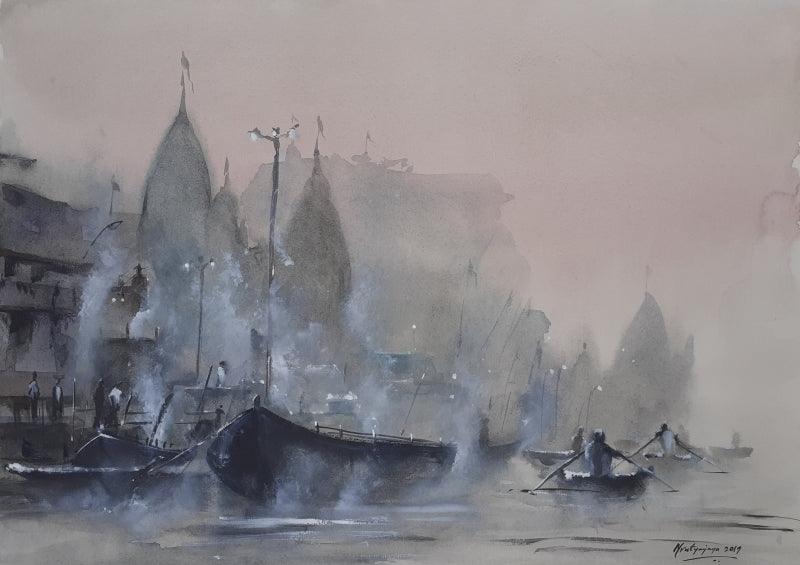 Landscape watercolor painting titled 'Misty Banaras Ghats', 21x15 inches, by artist Mrutyunjaya Dash on paper