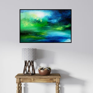 In-situ view of Shuchi Khanna's 'Misty Blue' painting in a room