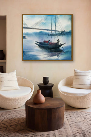 Misty Morning (Howrah Bridge Boats) by artist Gulshan Achari displayed in a Curated gallery