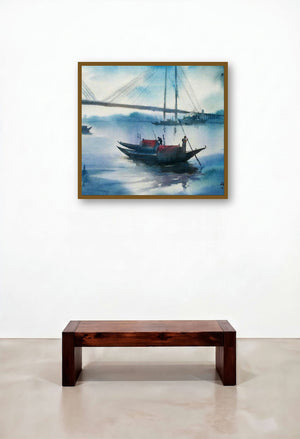 Misty Morning (Howrah Bridge Boats) by artist Gulshan Achari displayed in a Minimalist Living Room