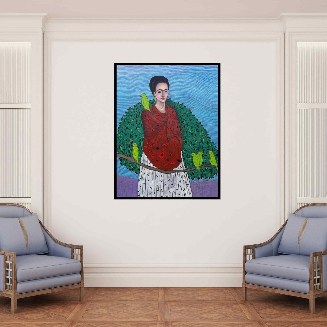 In-situ view of Himanshu Lodwal's 'Mitthu Mitthu Tota (Serene Portrait with Verdant Companions)' painting in a room