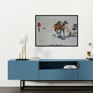 Preview of 'Mobile Mind B (The Curious Encounter)' Painting by Nandkishor Saindane shown on a wall in a furnished room.