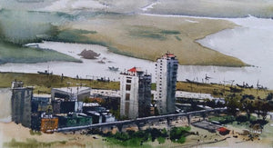 Modern City by Kiran Gunjkar, Original Watercolor Landscape Painting on Handmade Paper, Small Horizontal Wall Art