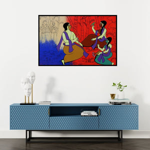 Preview of 'The Moment' Painting by Chetan Katigar shown on a wall in a furnished room.