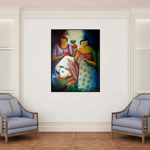 'A Moment Of Love (The Lotus and the Peacock)' painting by Anupam Pal shown on a wall in a furnished room.