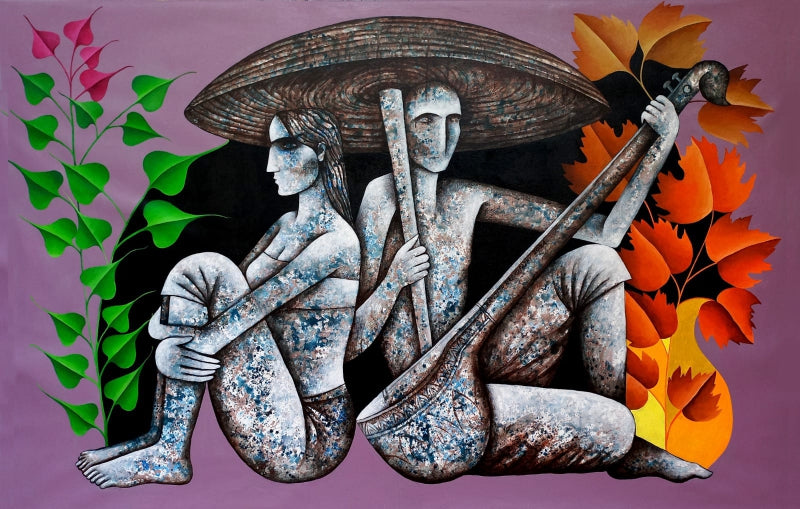 Moments Of Melody' figurative acrylic painting by artist Ranjith Raghupathy, 48x72 inch, on canvas