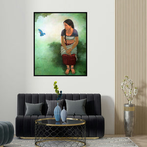 'Moments' painting by Mousumi Pal Majumdar shown on a wall in a furnished room.