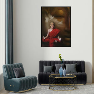 'Monk' painting by Pramod Kurlekar shown on a wall in a furnished room.