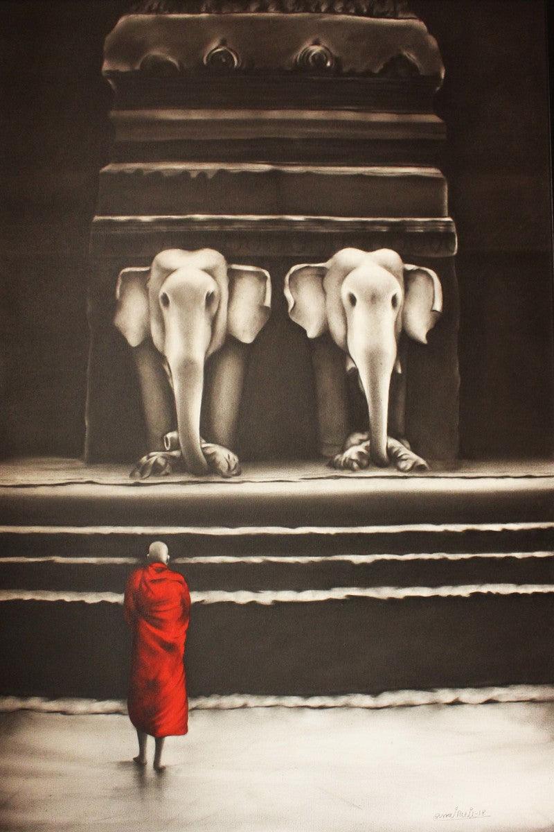 Religious charcoal painting titled 'Monk 1', 36x24 inches, by artist Yuvraj Patil on Canvas