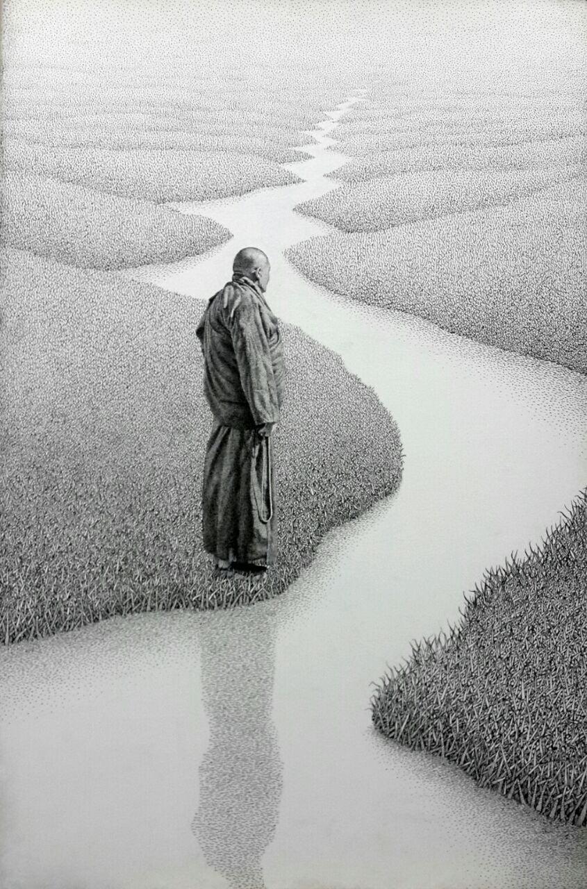 Figurative pen ink drawing titled 'Monk 17 I', 30x20 inches, by artist Prakash Ghadge on Canvas