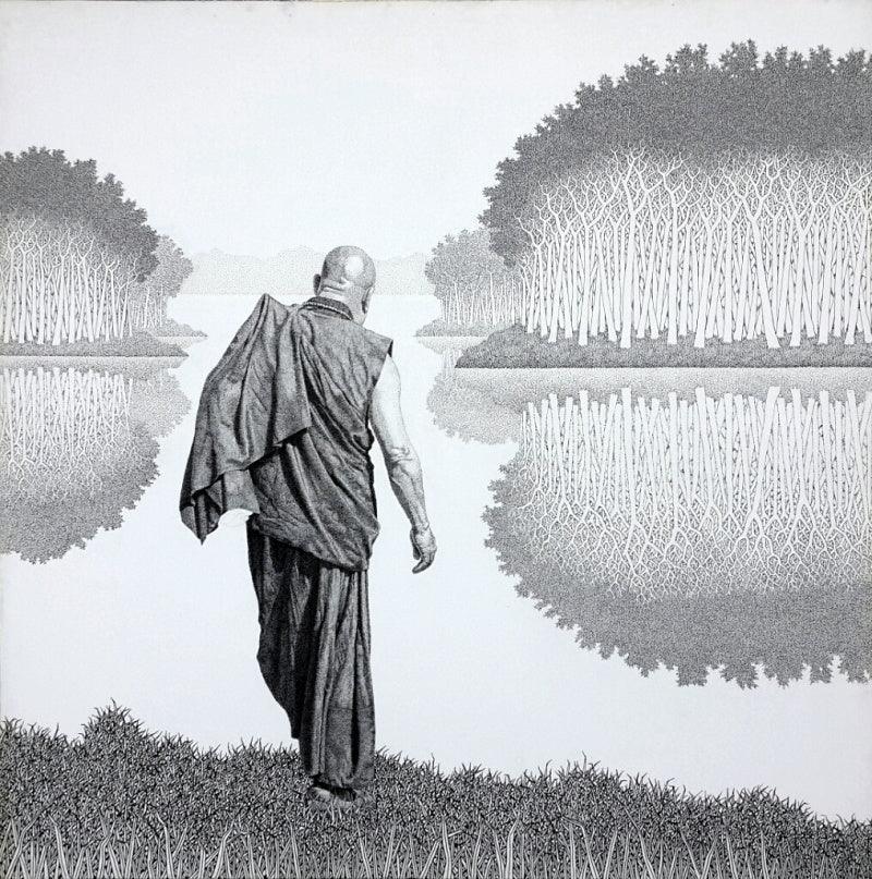 Figurative pen ink drawing titled 'Monk 17 Ii', 36x36 inches, by artist Prakash Ghadge on Canvas