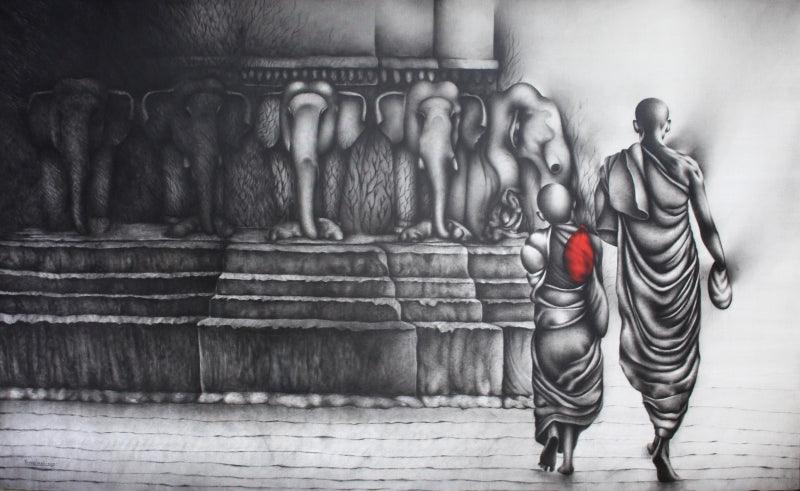 Religious charcoal painting titled 'Monk 2', 30x48 inches, by artist Yuvraj Patil on Canvas
