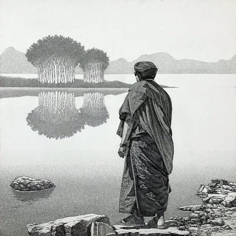 Religious pen ink drawing titled 'Monk 20 I', 36x36 inches, by artist Prakash Ghadge on Canvas
