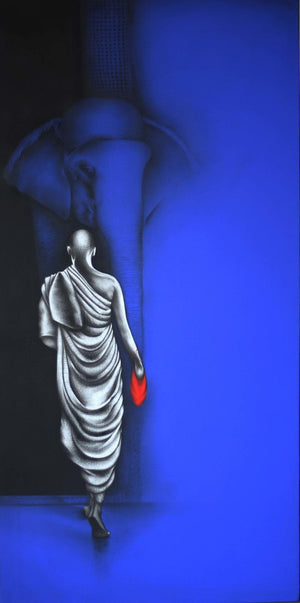 Religious charcoal painting titled 'Monk 3', 48x24 inches, by artist Yuvraj Patil on Canvas