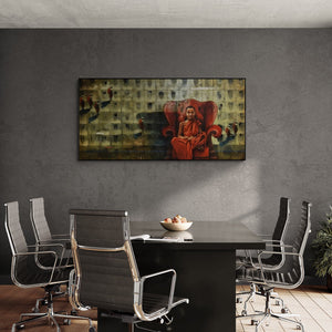 Sanjib Gogoi's painting 'Monk On The Chair (Young Monk on Throne)' displayed in a modern living room setting
