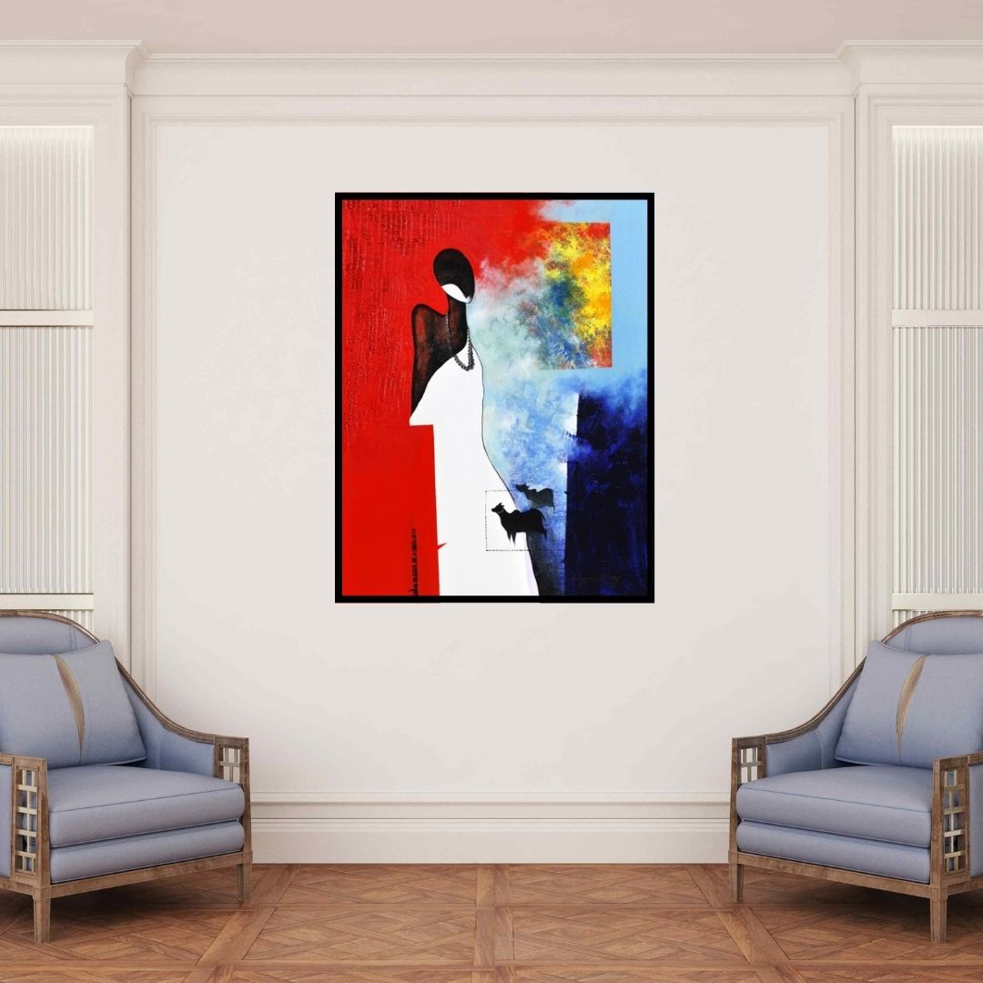 In-situ view of Narayan Shelke's 'The Monk Ii (Serenitys Echo: A Moment of Reflection)' painting in a room