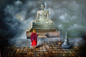 Monk Of Buddhism Child by Arjun Das, Original Acrylic Religious Painting on Canvas, Large Horizontal Wall Art