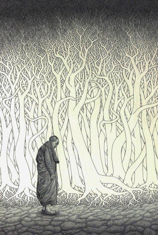 Figurative ink drawing titled 'Monk xxvi', 43x30 inches, by artist Prakash Ghadge on canvas