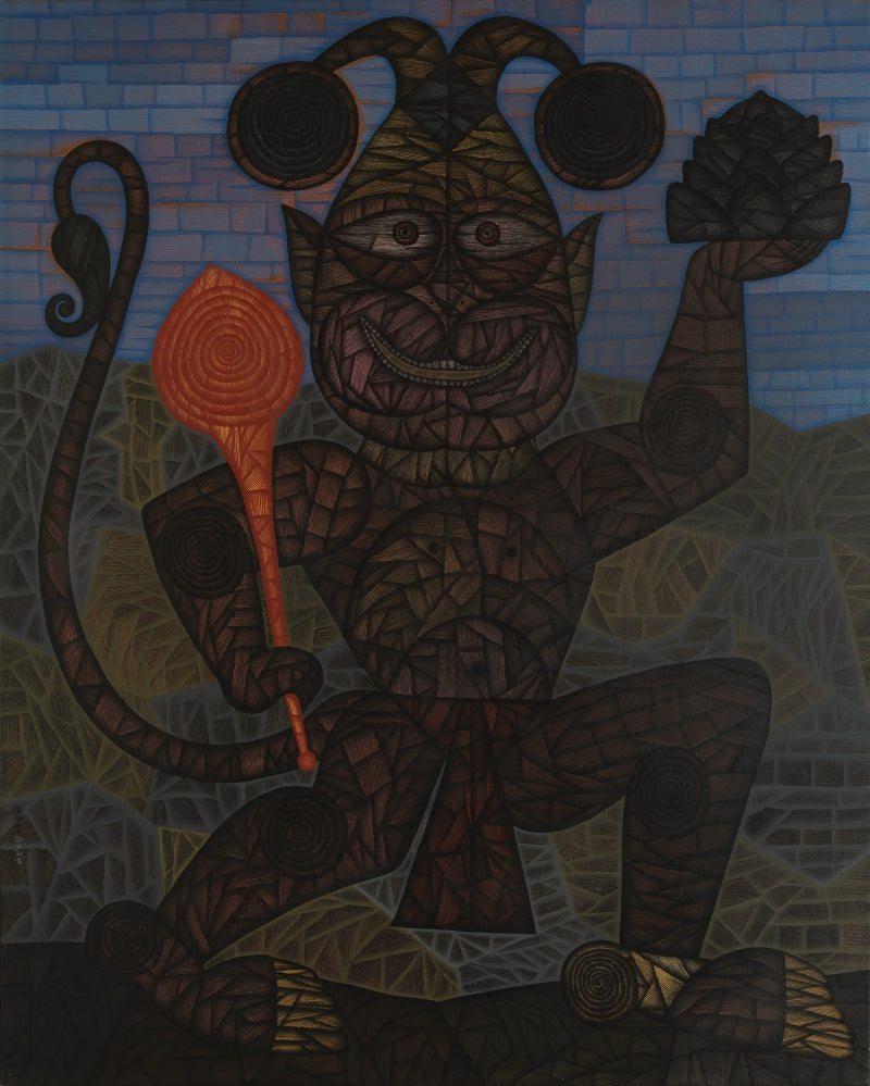 'The Monkey God' religious acrylic painting by artist Arunangshu Roy, 60x48 inch, on canvas