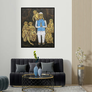 Sudip Das's 'Monkey Whoops' painting visualized above a sofa in a contemporary room.
