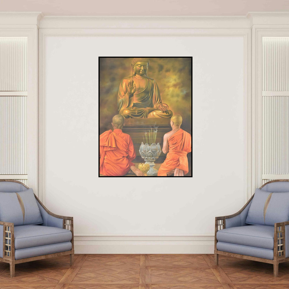'Monks And The Master (Enlightened Presence)' painting by Kamal Rao shown on a wall in a furnished room.