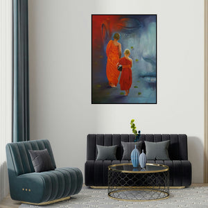 'Monks And The Master' painting by Kamal Rao shown on a wall in a furnished room.