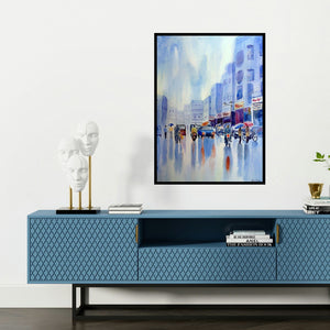 'Monsoon (Reflections After the Rain)' painting by Rahul Salve shown on a wall in a furnished room.