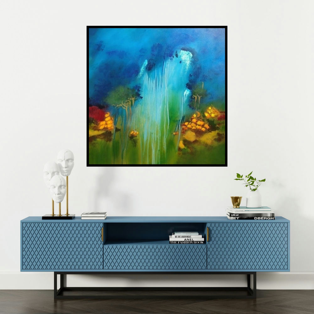 'Monsoon (Blue Horizon)' painting by Sanjay Dhawale shown on a wall in a furnished room.