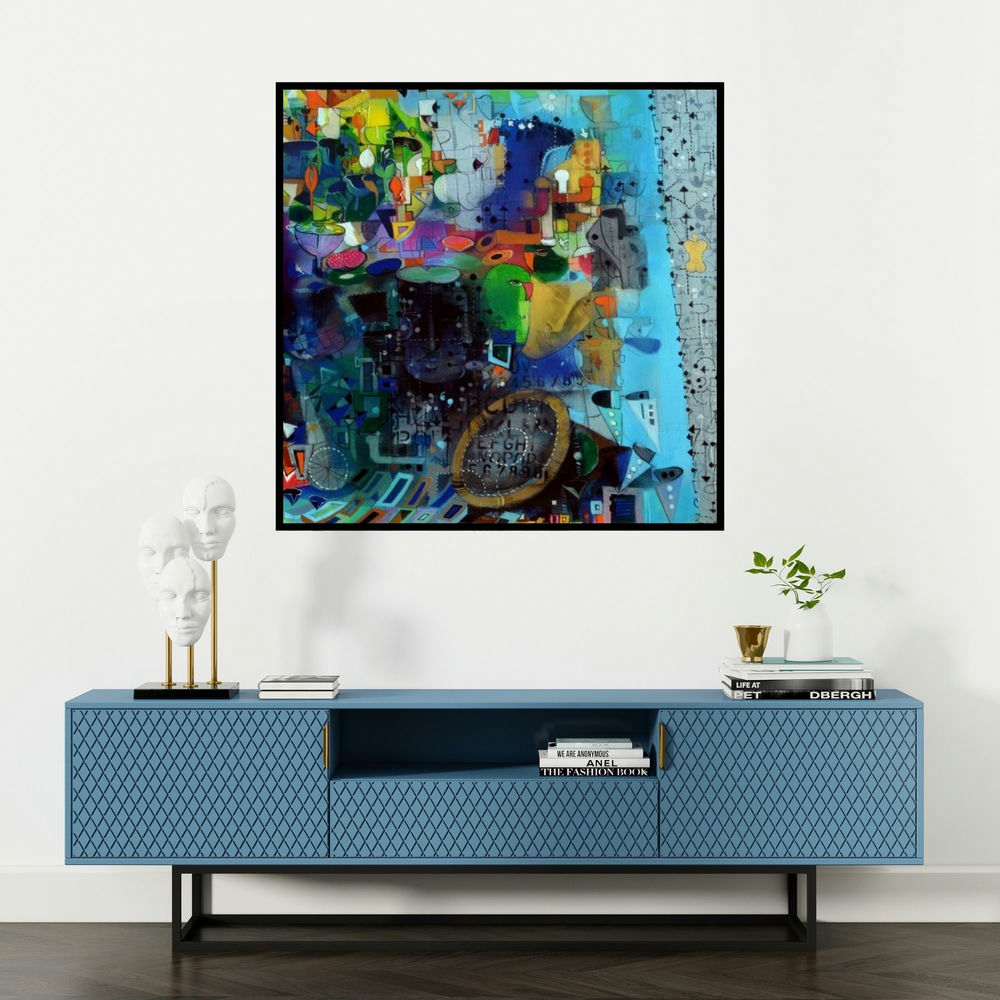 'Monsoon I (Untitled)' painting by Madan Lal shown on a wall in a furnished room.