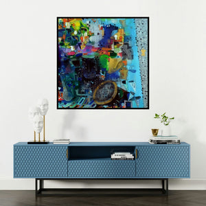 'Monsoon I (Untitled)' painting by Madan Lal shown on a wall in a furnished room.