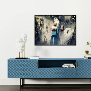 Preview of 'Monsoon Kolkata 1' Painting by Sankar Das shown on a wall in a furnished room.