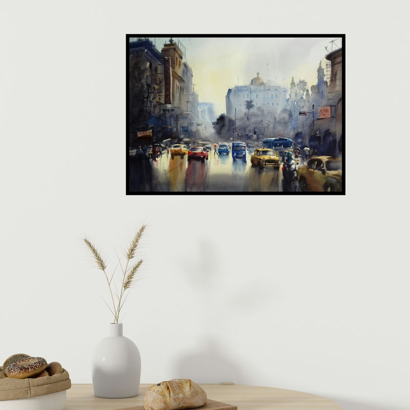 In-situ view of Sankar Das's 'Monsoon Kolkata 3' painting in a room