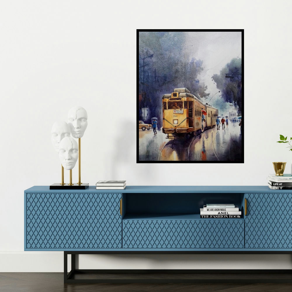 'Monsoon Kolkata 5 (A Rainy Day in Kolkata)' painting by Sankar Das shown on a wall in a furnished room.