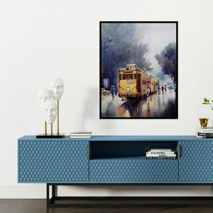 'Monsoon Kolkata 5 (A Rainy Day in Kolkata)' painting by Sankar Das shown on a wall in a furnished room.