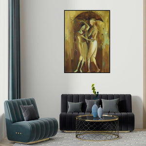 'Monsoon Love (Monsoon Romance)' painting by Durshit Bhaskar shown on a wall in a furnished room.