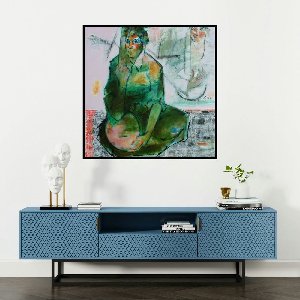 'Monsoon Raga' painting by Ajay Deshpande shown on a wall in a furnished room.