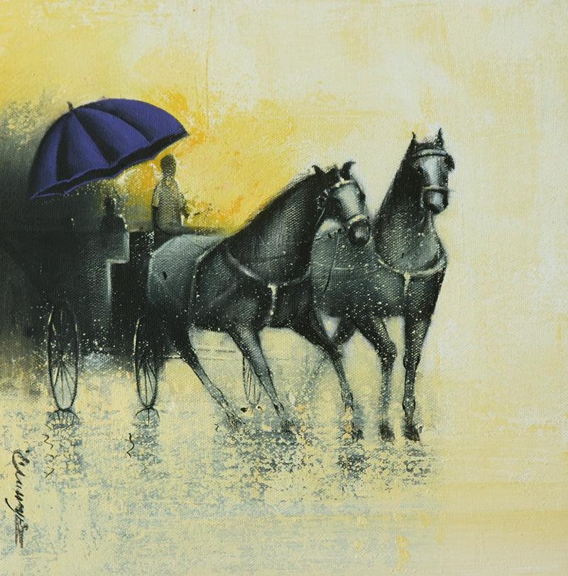 Animals acrylic charcoal painting titled 'Monsoon Ride 16', 12x12 inches, by artist Somnath Bothe on Canvas
