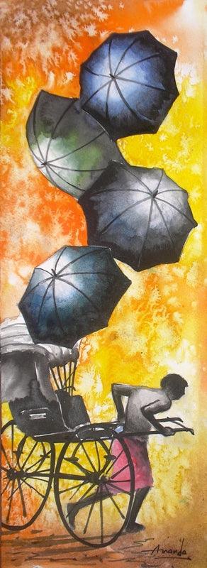 Cityscape watercolor painting titled 'Monsoon V', 15x5 inches, by artist Ananda Das on Paper