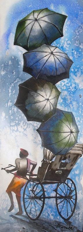 Cityscape watercolor painting titled 'Monsoon VI', 15x5 inches, by artist Ananda Das on Paper