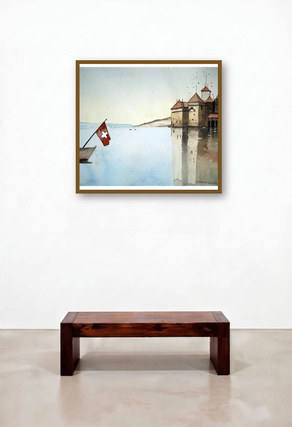 Montreax Lussane Switzerland (Chillon on the Lake) by artist Arunava Ray displayed in a Contemporary Family Room