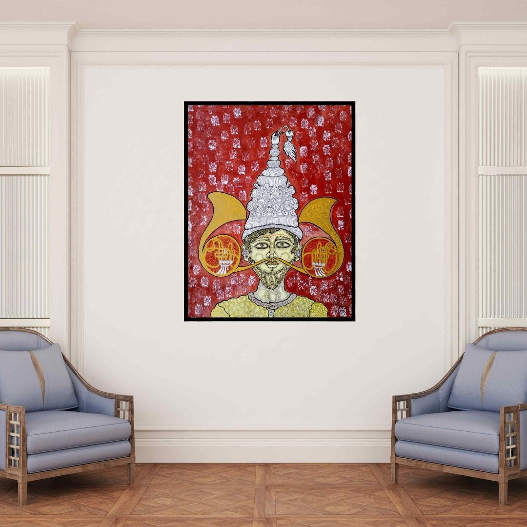 In-situ view of Runa Biswas's 'Moochwale Groom 2 (Mystical Portrait)' painting in a room